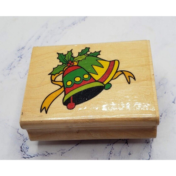 Christmas Bells With Holly Canadian Maple Collection Wood Mounted Rubber Stamp - Picture 1 of 8